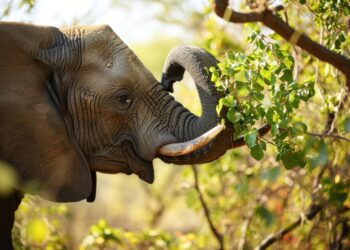 Ağaç yapraklarıyla beslenen bir Afrika filinin yakın plan fotoğrafı