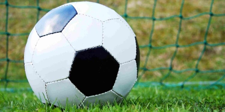 Çim sahada kaleye yaslanmış bir futbol topu yakın plan çekim.