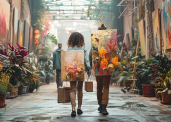 Sırtında renkli tablolar taşıyan iki kişi ara sokakta yürüyor