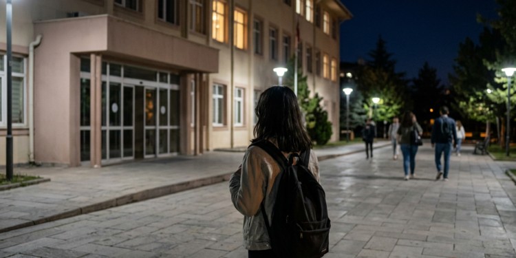 Üniversite kampüsünde sırt çantalı öğrenciler akşam vakti yürüyüş yapıyor.
