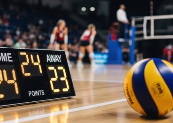 Voleybol sahasında dijital skorborda yakın duran maç topu ve arka planda oyuncular.