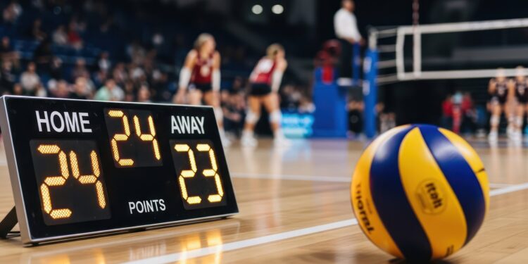 Voleybol sahasında dijital skorborda yakın duran maç topu ve arka planda oyuncular.