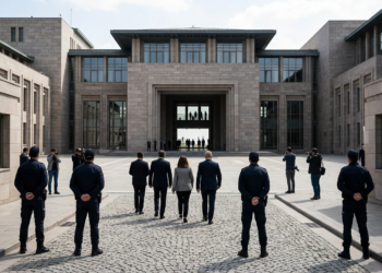 TBMM binası avlusunda yürüyen heyet ve güvenlik görevlileri arkadan görülüyor.