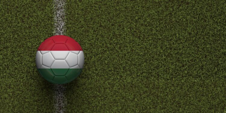 Çim sahada beyaz çizgi üzerine oturtulmuş Macaristan bayraklı futbol topu.