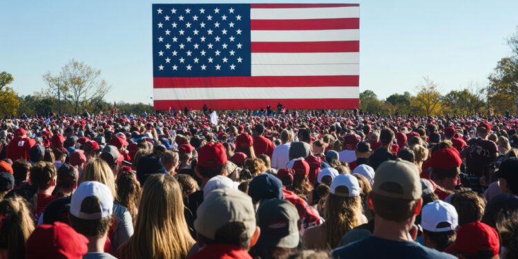 Açık havada devasa Amerikan bayrağının önünde toplanmış kalabalık siyasi miting kalabalığı
