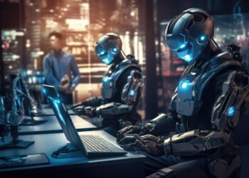Bilgisayar başında çalışan fütüristik robotlar, arka planda loş şehir ışıkları.
