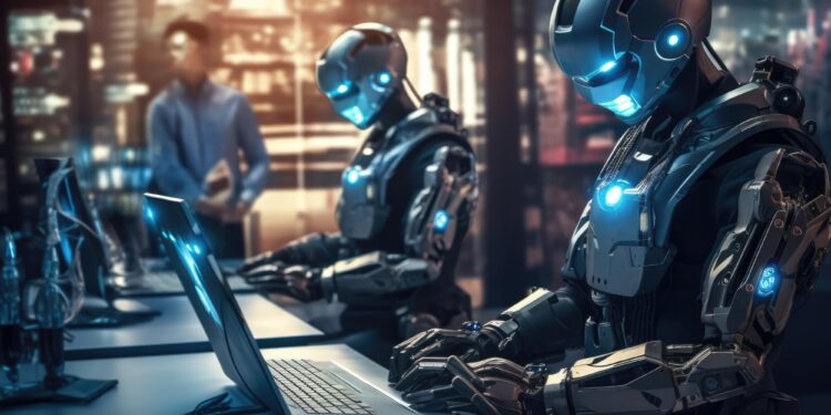 Bilgisayar başında çalışan fütüristik robotlar, arka planda loş şehir ışıkları.