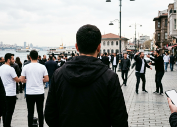 Boğaz kıyısındaki tarihi sokakta yürüyen kalabalık insan grubu arkadan görünüyor.