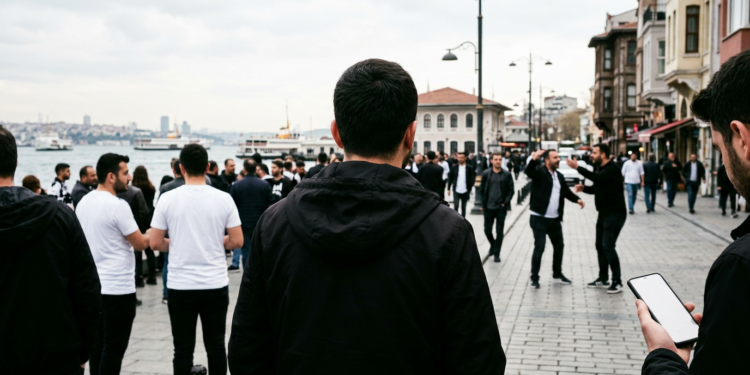 Boğaz kıyısındaki tarihi sokakta yürüyen kalabalık insan grubu arkadan görünüyor.